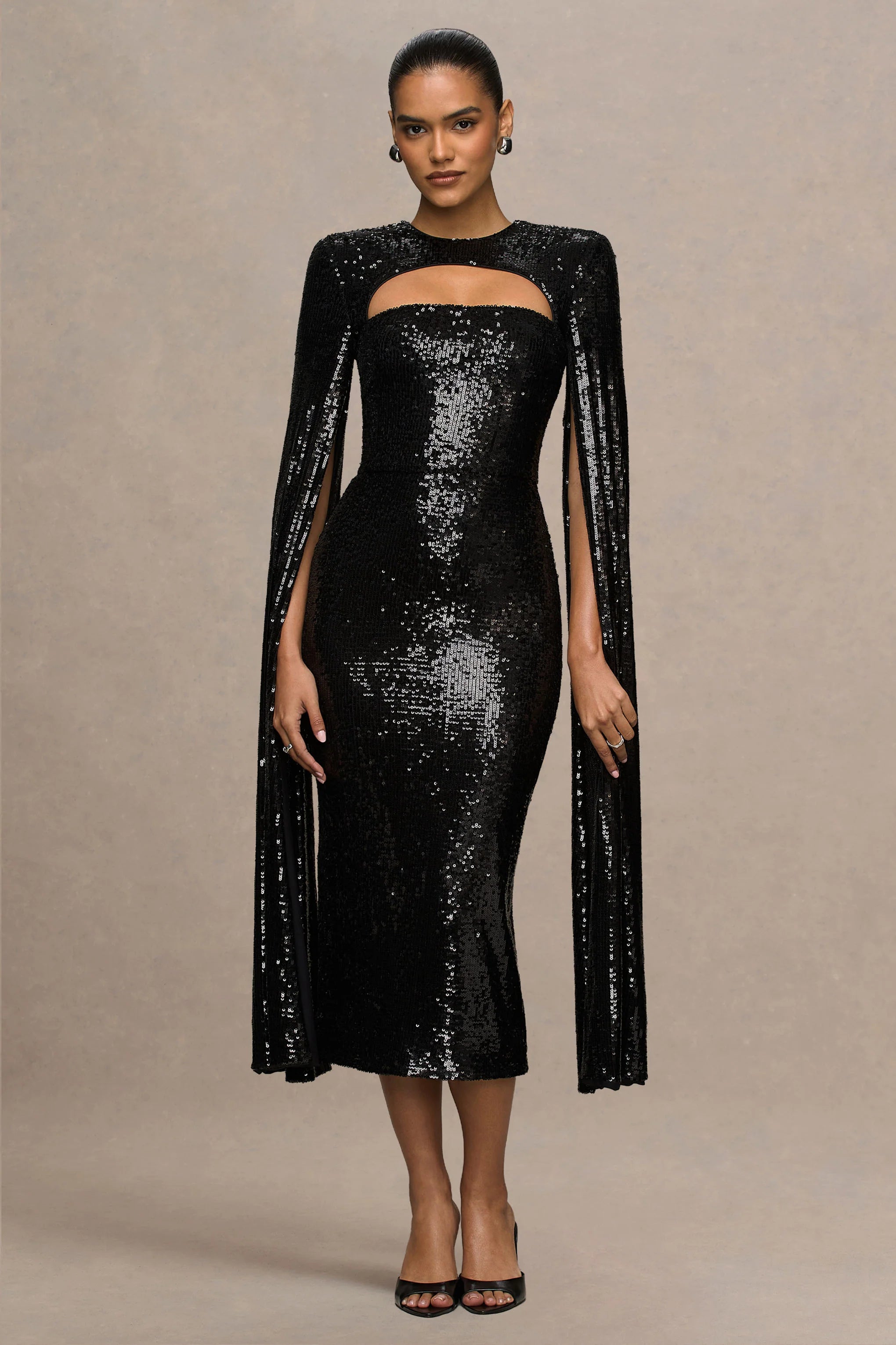 Adeline | Black Sequin Crew-Neck Midi Dress With Cape Sleeves