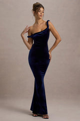 Neeka | Navy Velvet Twisted Asymmetric Maxi Dress
