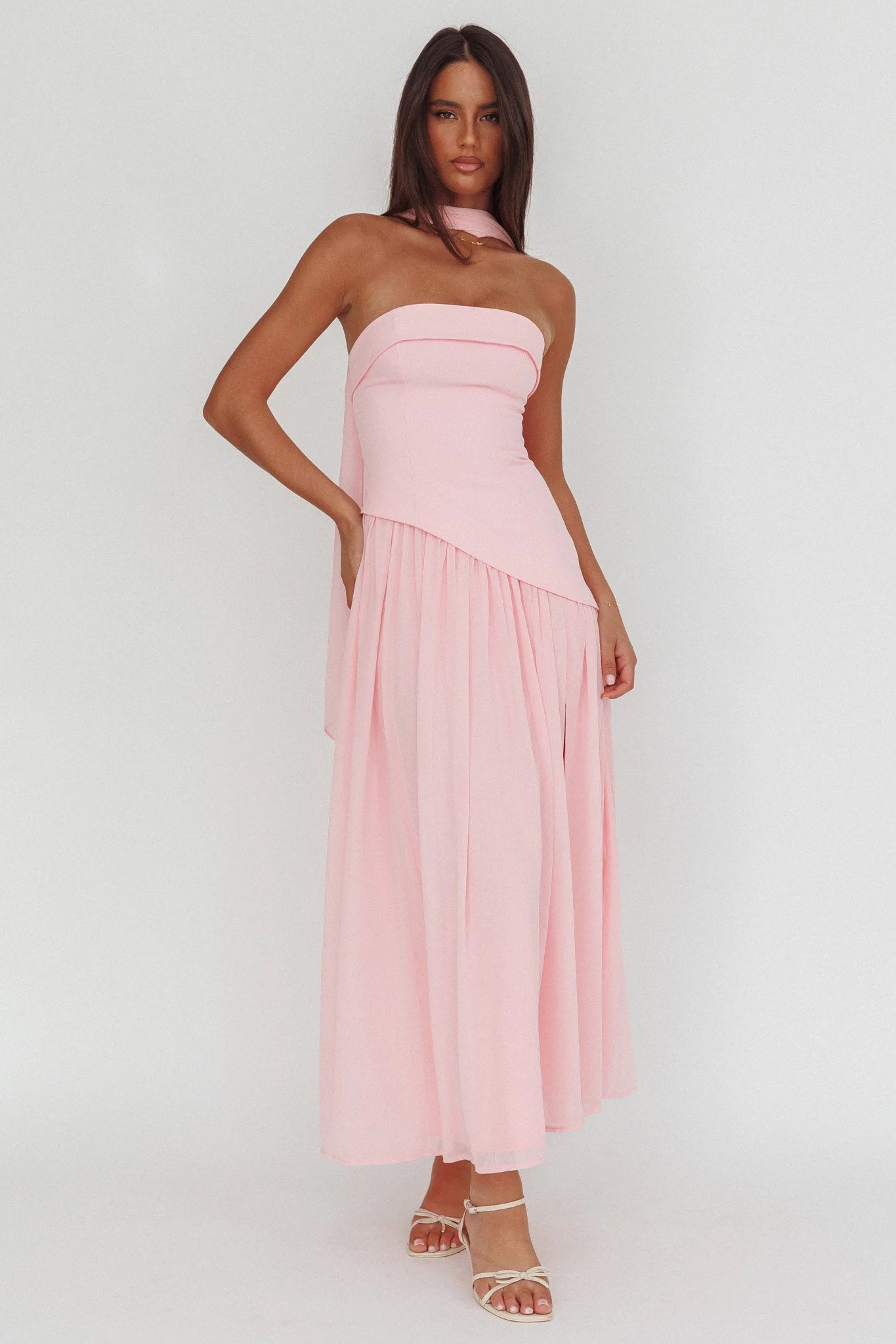 Mariabella Asymmetric Bodice Maxi Dress Pink