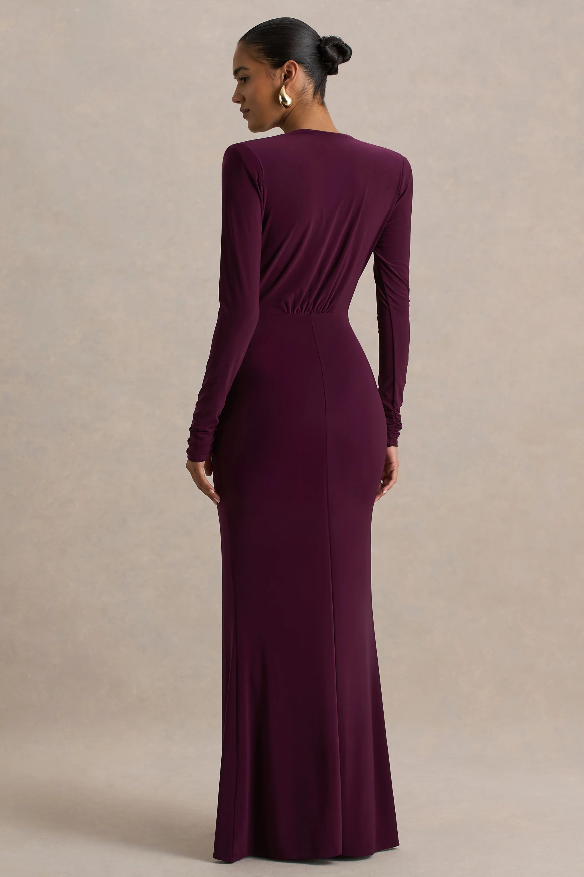 Flashy | Burgundy Plunge-Neck Maxi Dress With Ruched Detailing