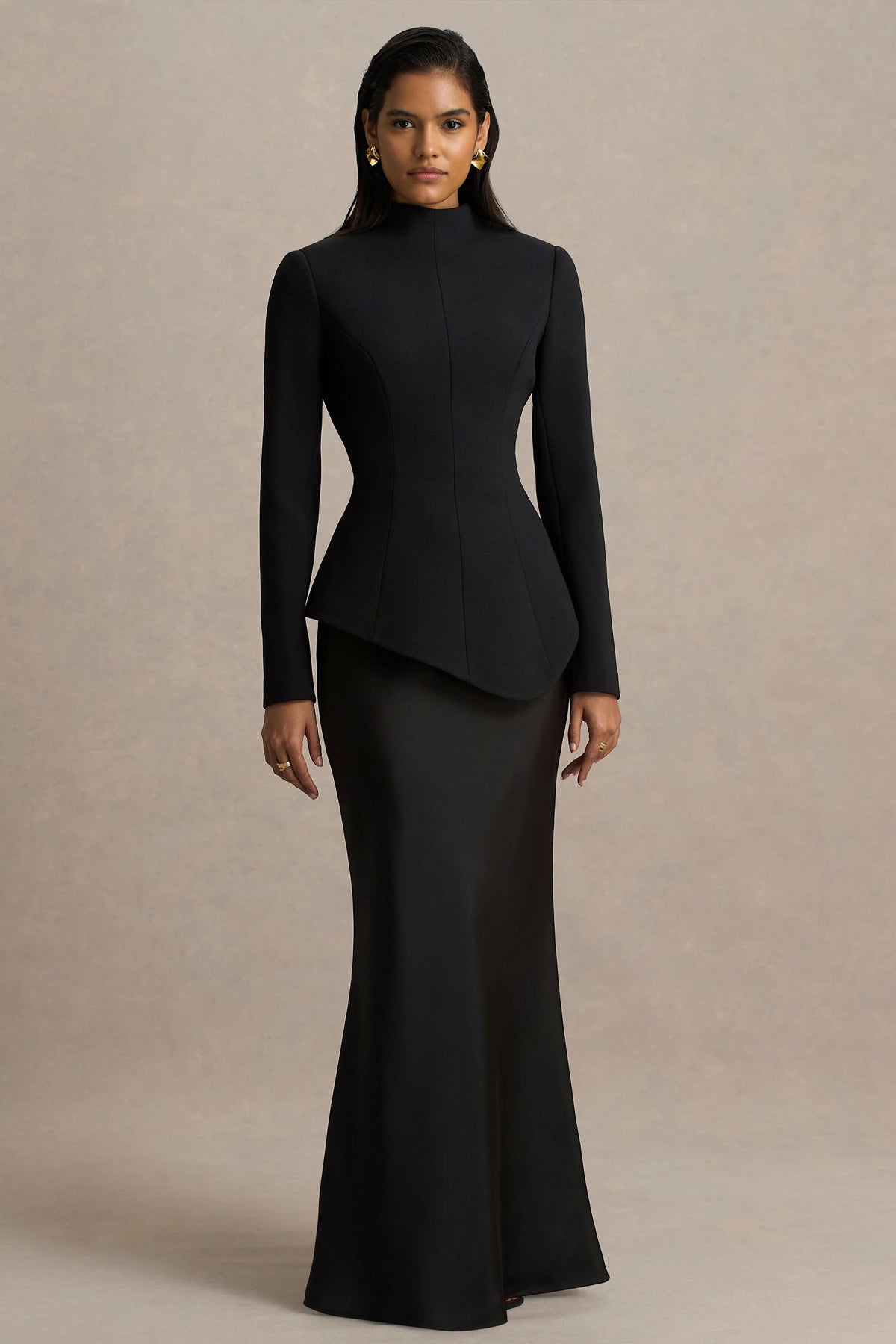 Pepita | Black High-Neck Tailored Maxi Dress With Drop-Waist And Satin Skirt