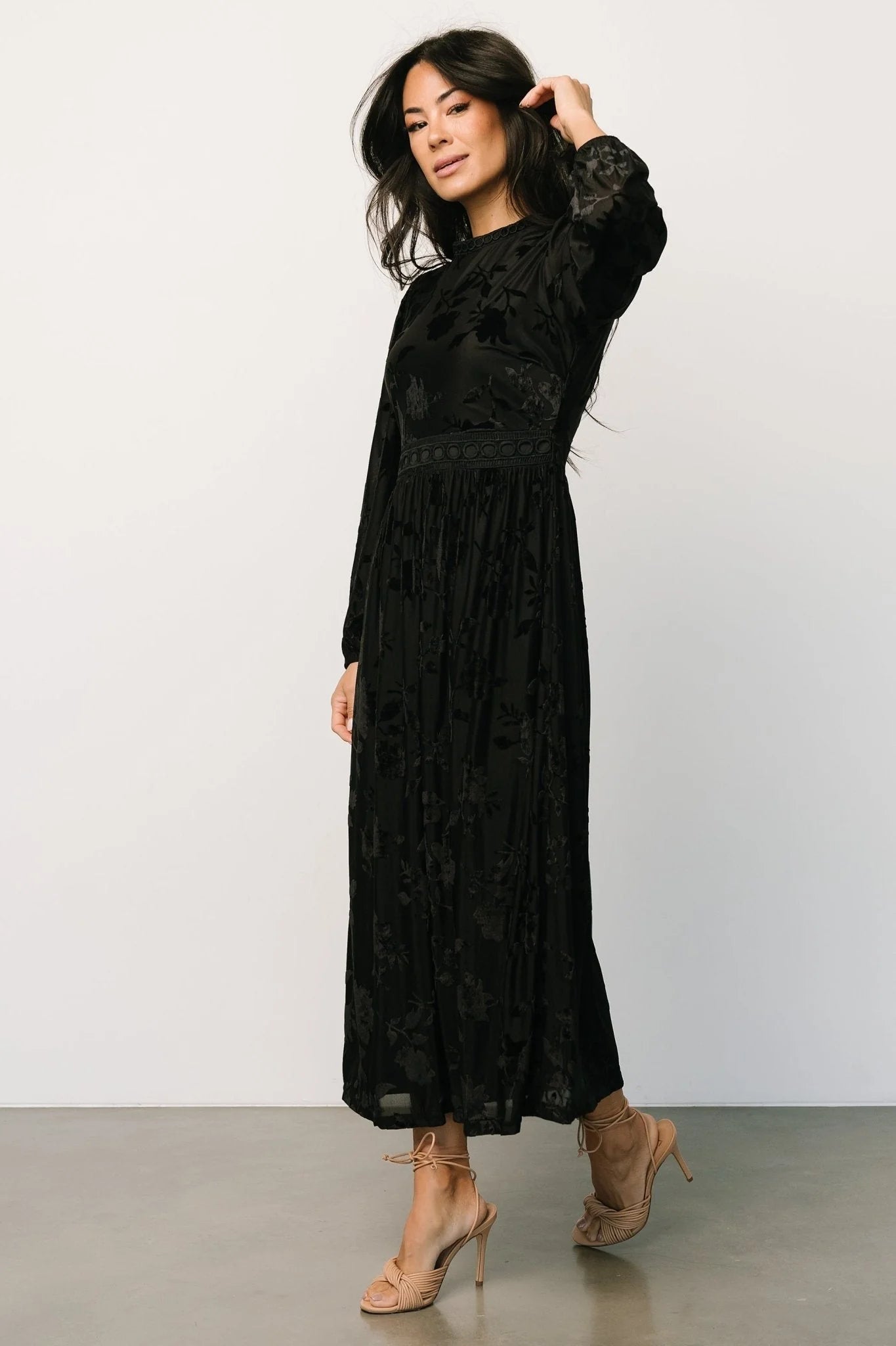 Christine Velvet Embossed Midi Dress | Black
