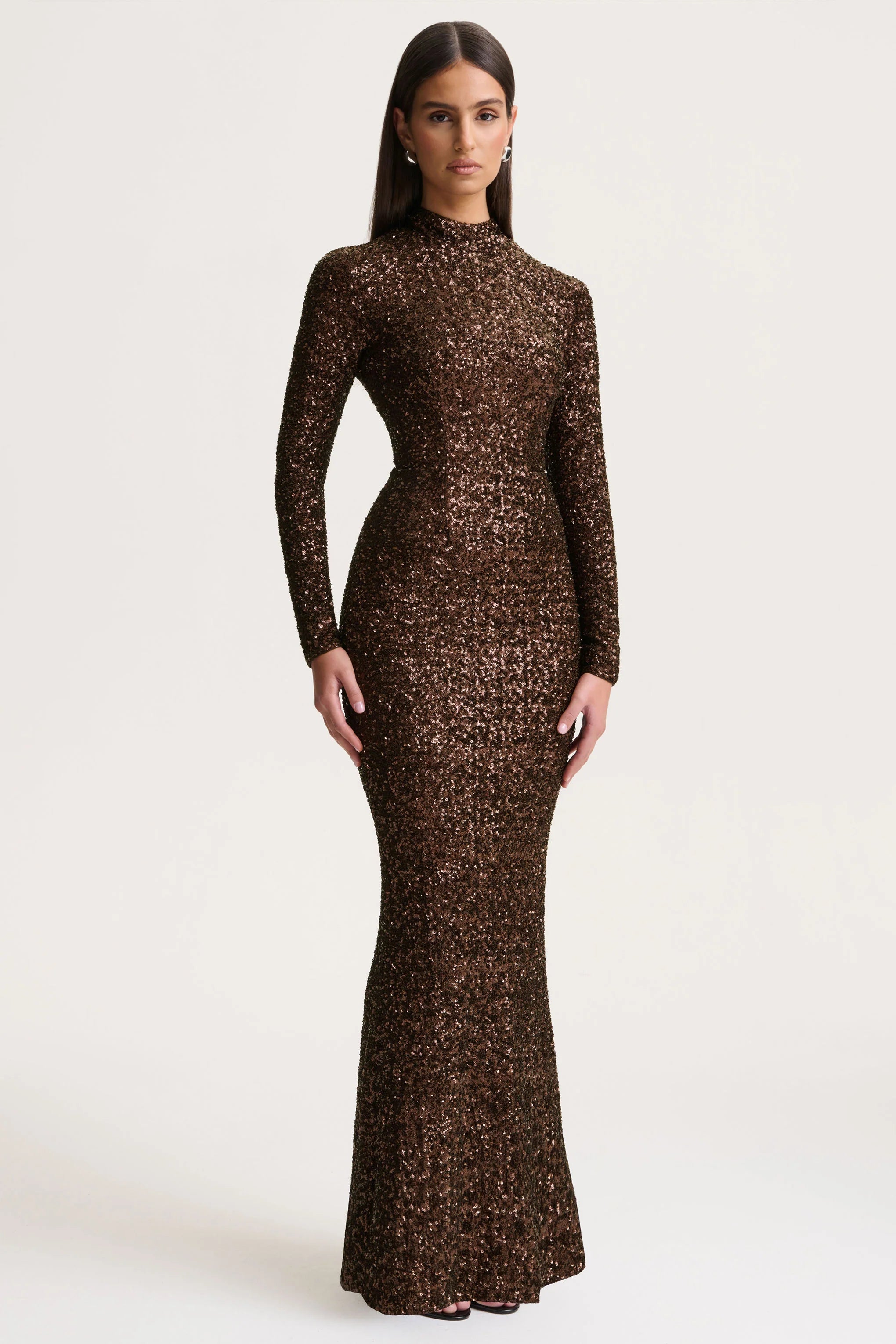 Galaxy | Brown Sequin Turtle-Neck Long-Sleeve Maxi Dress