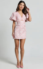Diana Mini Dress Jacquard Short Sleeve Cut Out Dress in Light Pink