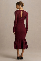Camilly | Burgundy Lace Plunge-Neck Mermaid Midi Dress