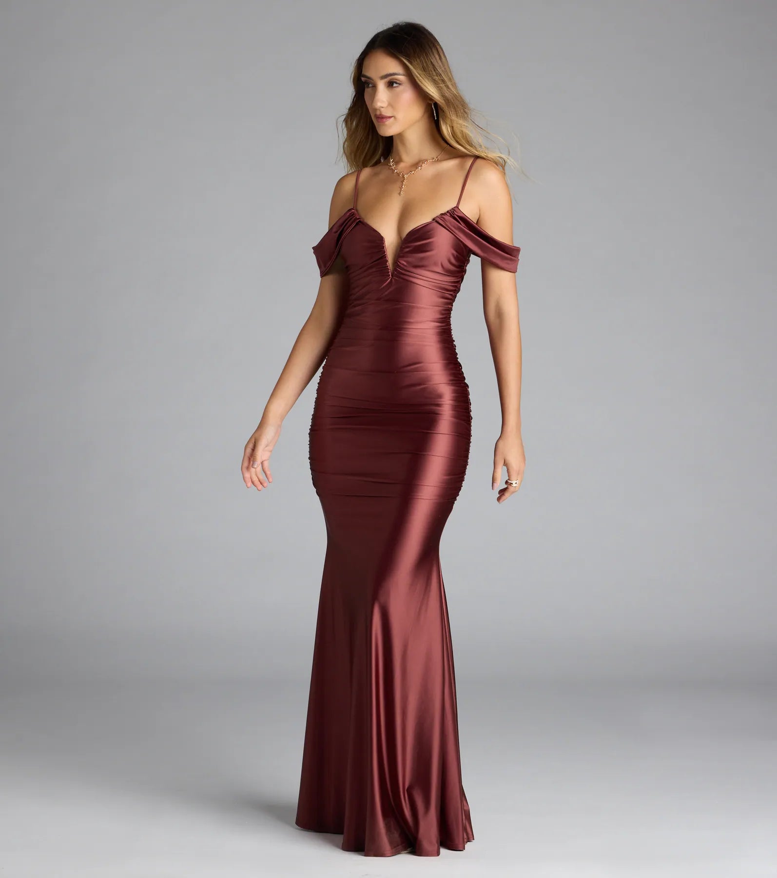 Jelene Cold-Shoulder Mermaid Satin Formal Dress