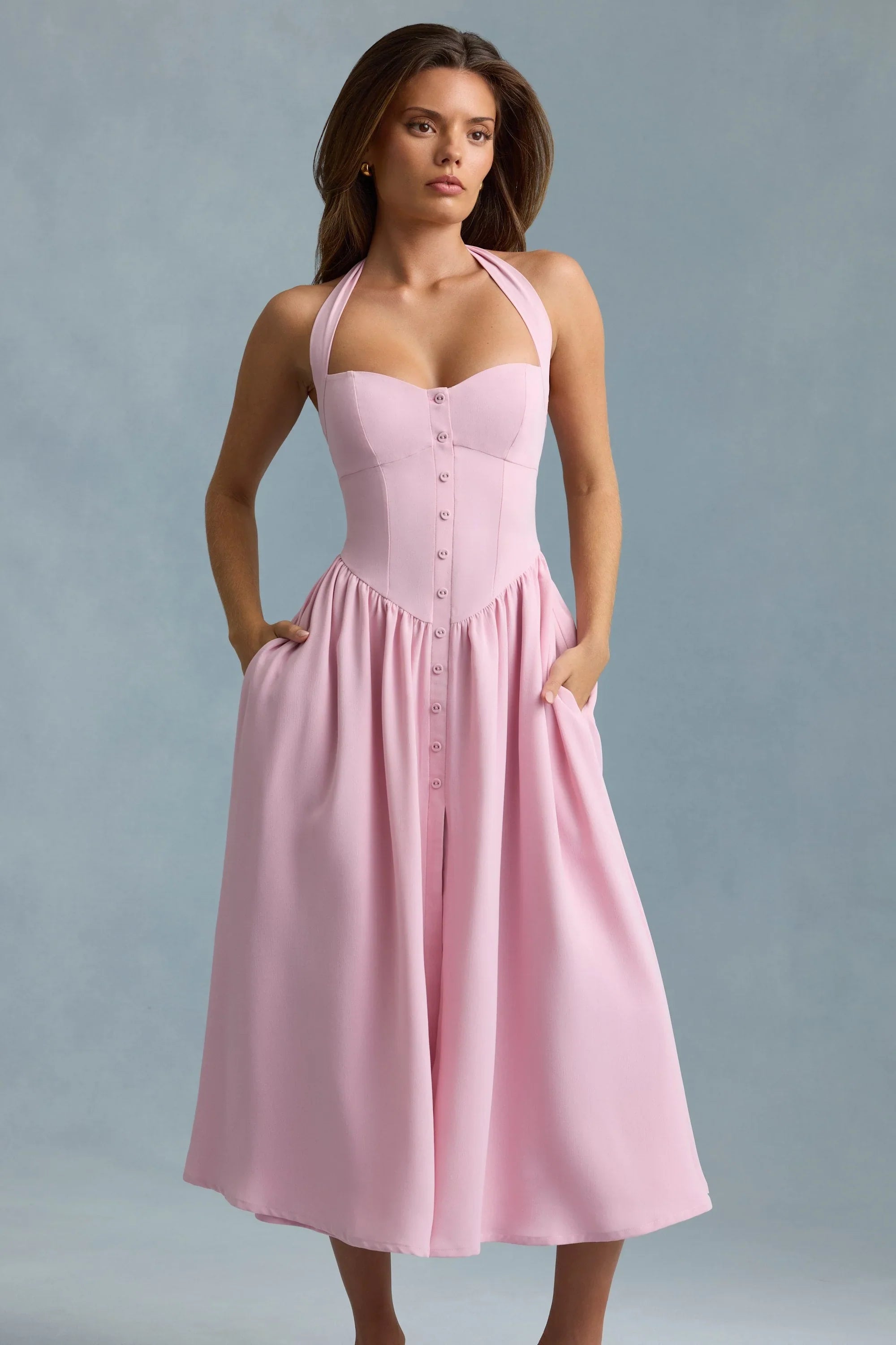 Button-Detail Halterneck Midaxi Dress in Soft Pink