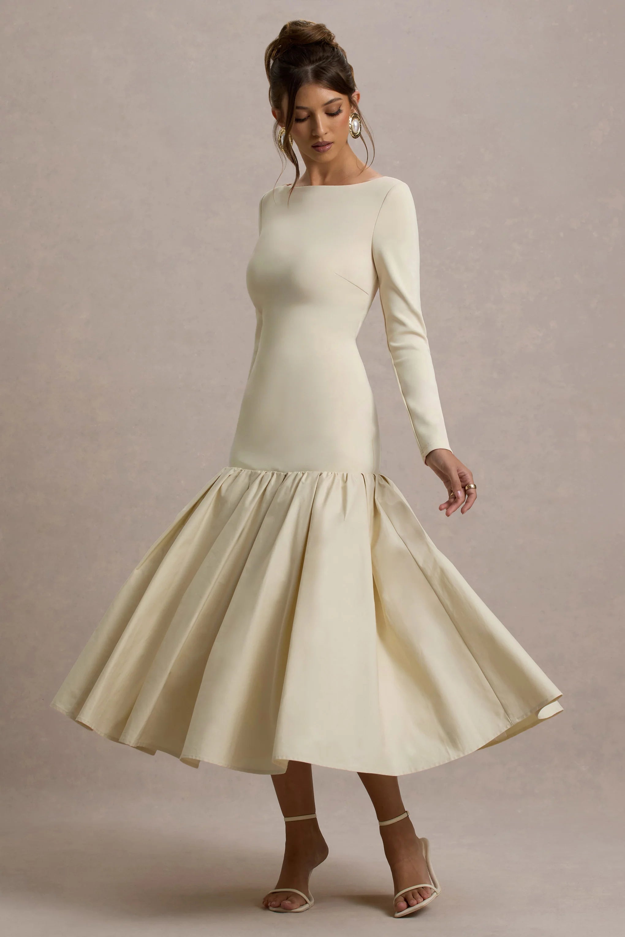 Perpetua | Cream Drop-Waist Midi Dress With Volume Skirt