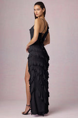 Asymmetric Ruffled Lace-Up Gown in Black