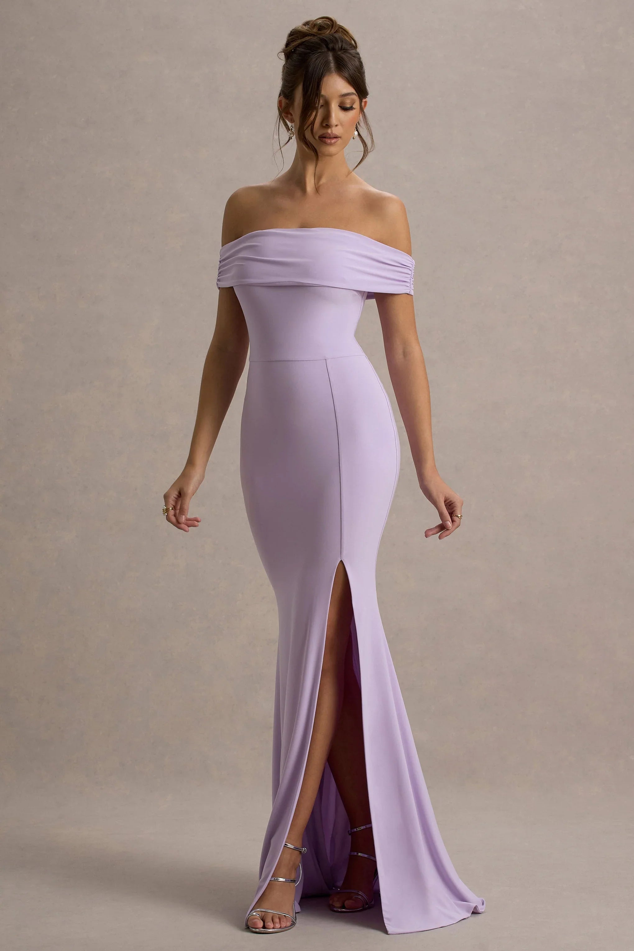 Law of Attraction | Lilac Bardot Draped Split Maxi Dress
