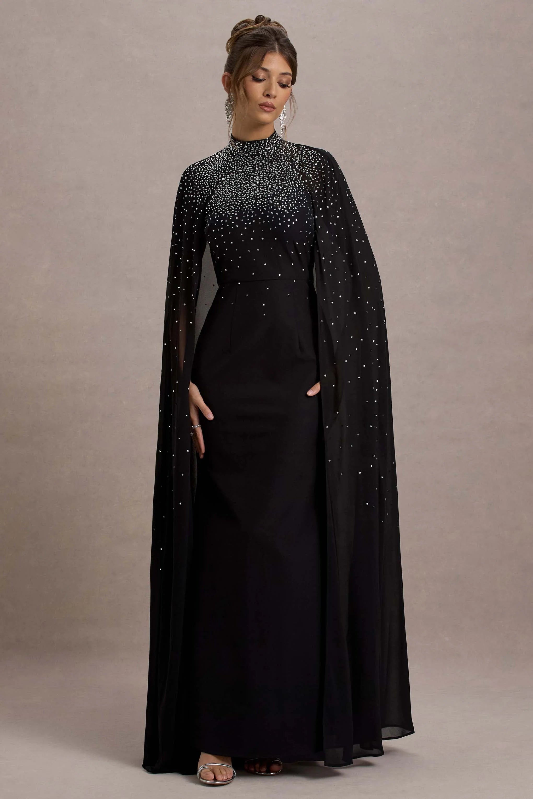 The Shallows | Black Embellished High-Neck Maxi Dress With Chiffon Cape