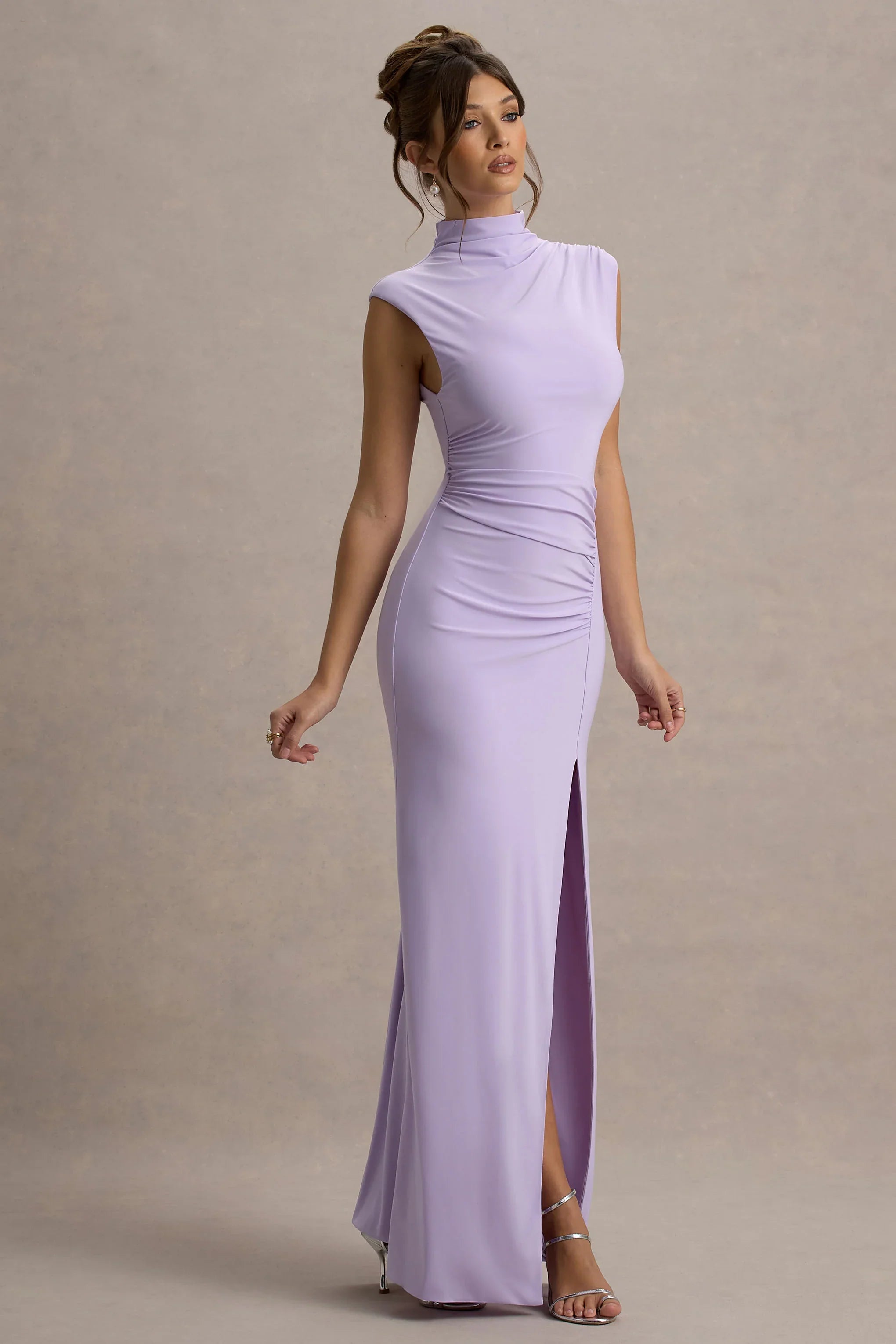 Lanetta | Lilac Ruched High-Neck Maxi Dress With Split