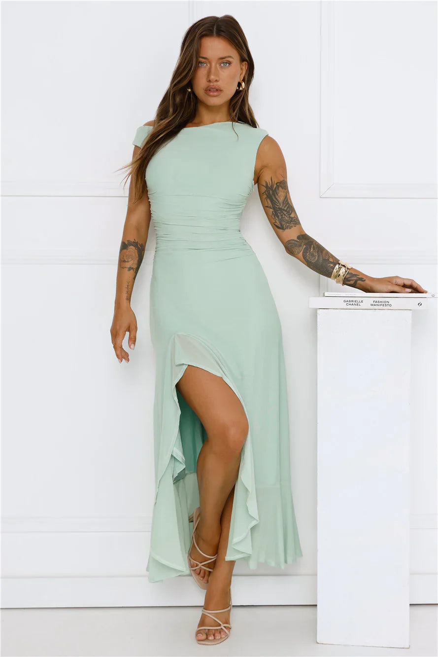 Effortless Girl Off Shoulder Mesh Midi Dress