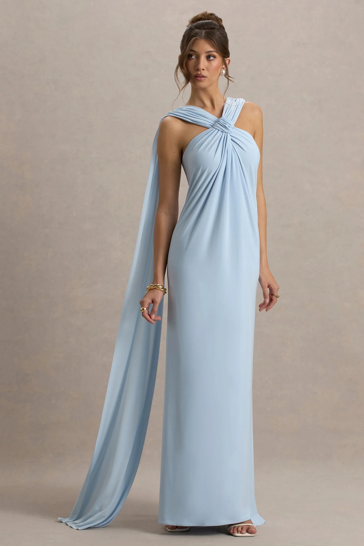 Ariana | Powder Blue Cross-Neck Maxi Dress With Cape