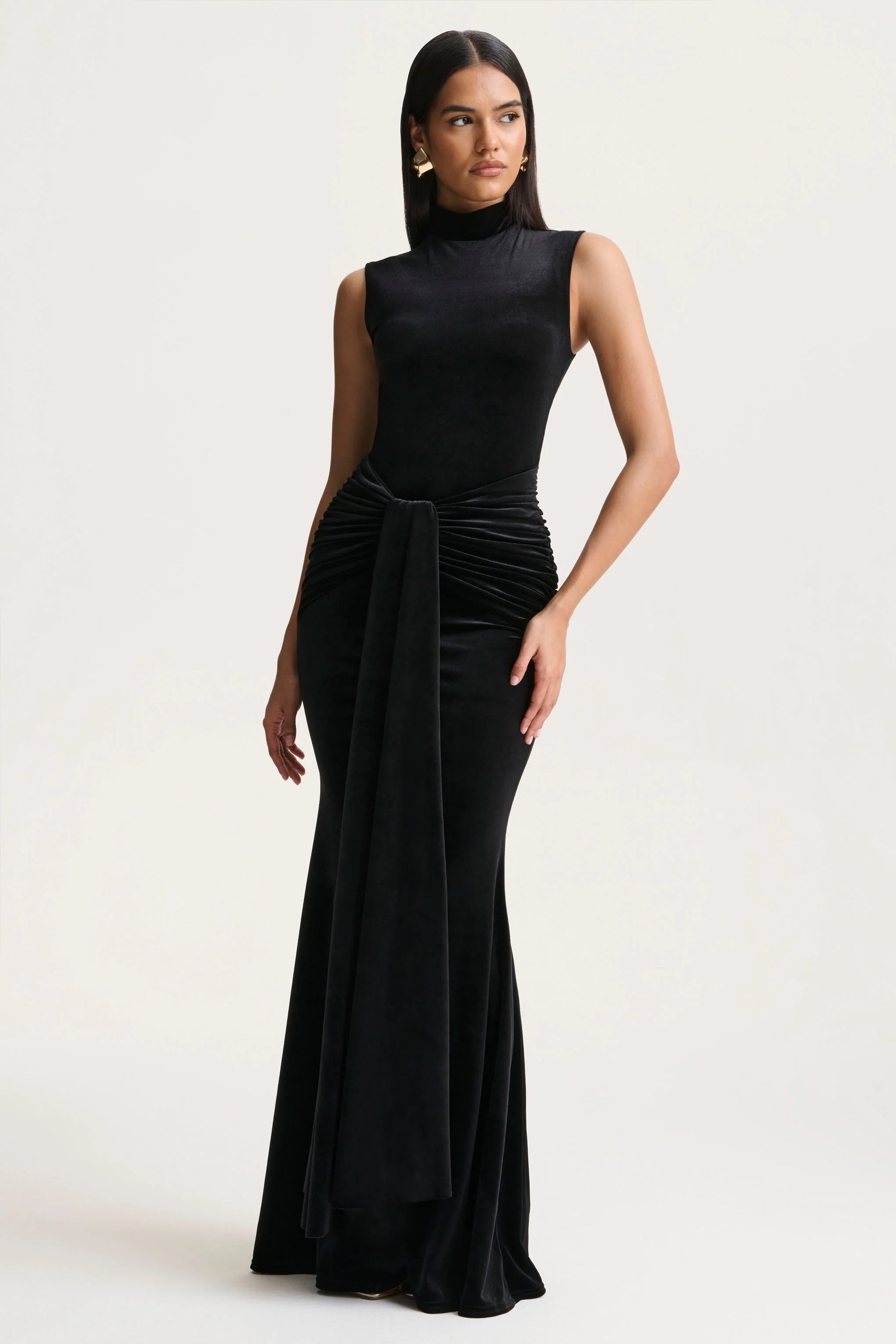 Idalina | Black Velvet High-Neck Maxi Dress With Gathered-Detailing