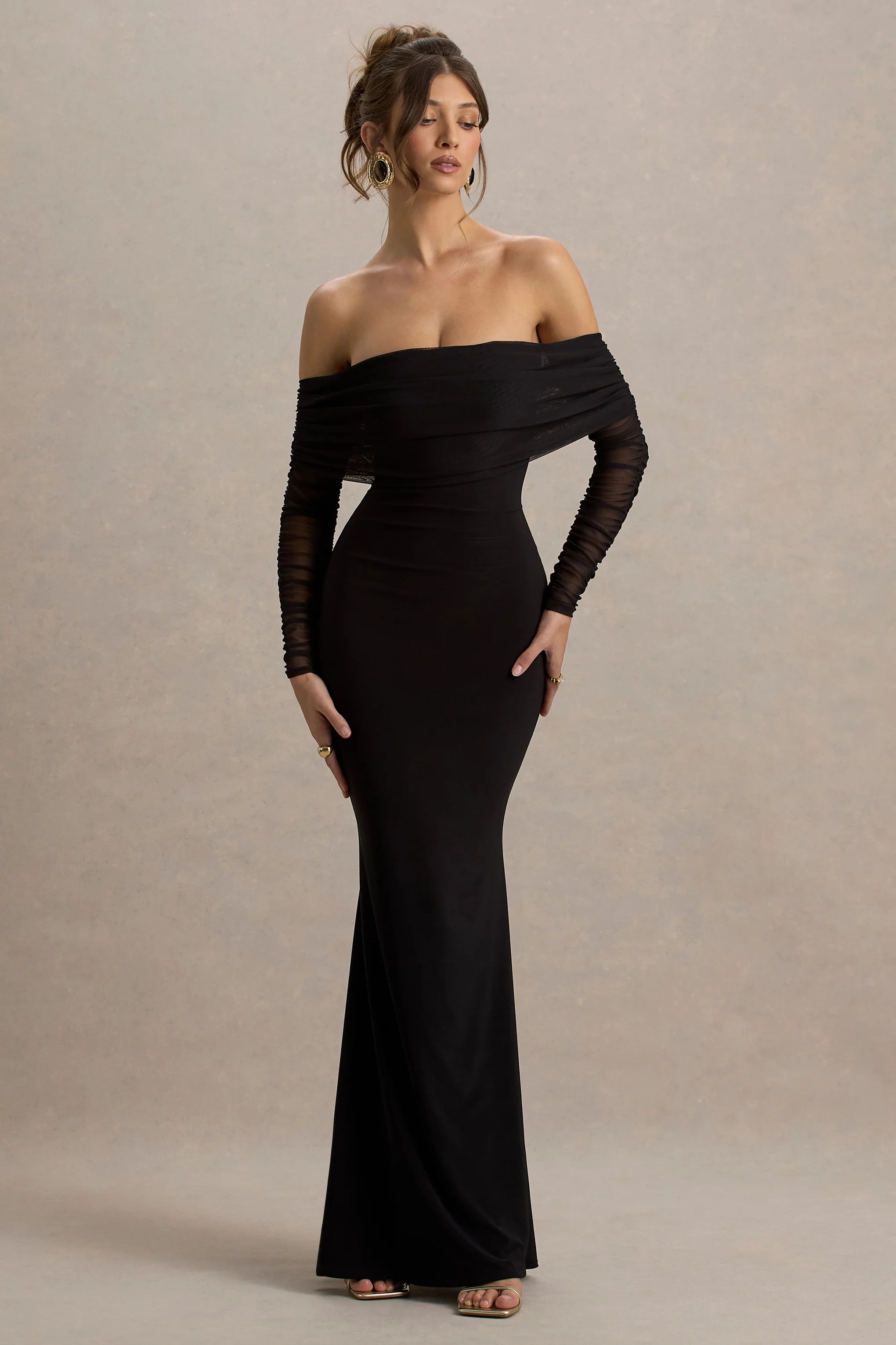 Madeleine | Black Fishtail Maxi Dress With Bardot Mesh Long Sleeves