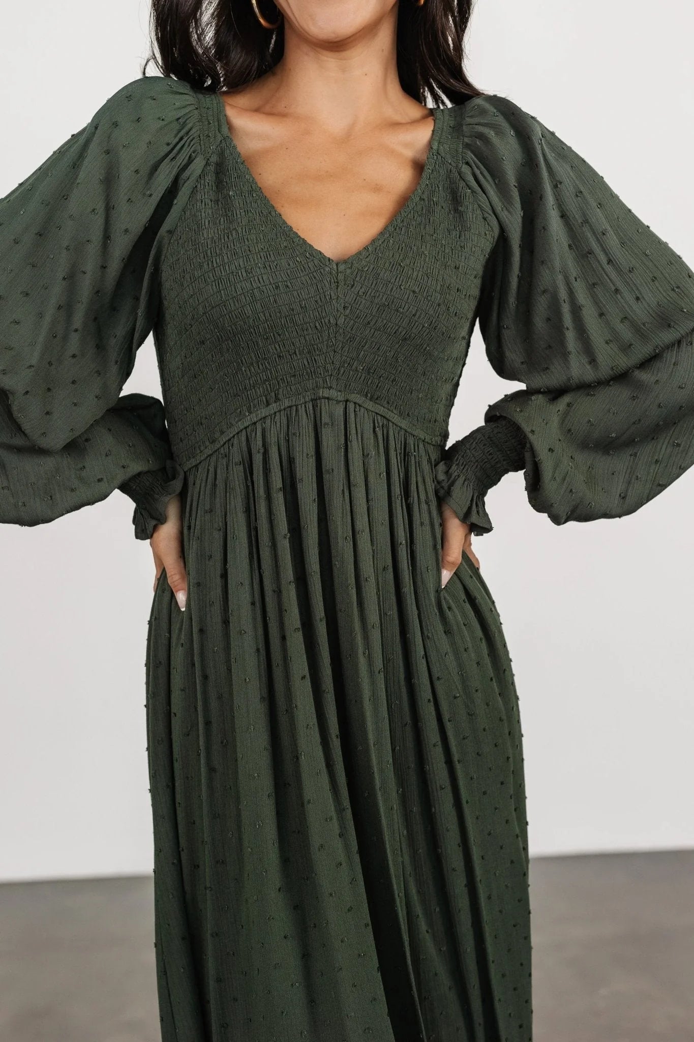 Lainey Smocked Dotted Midi Dress | Deep Olive