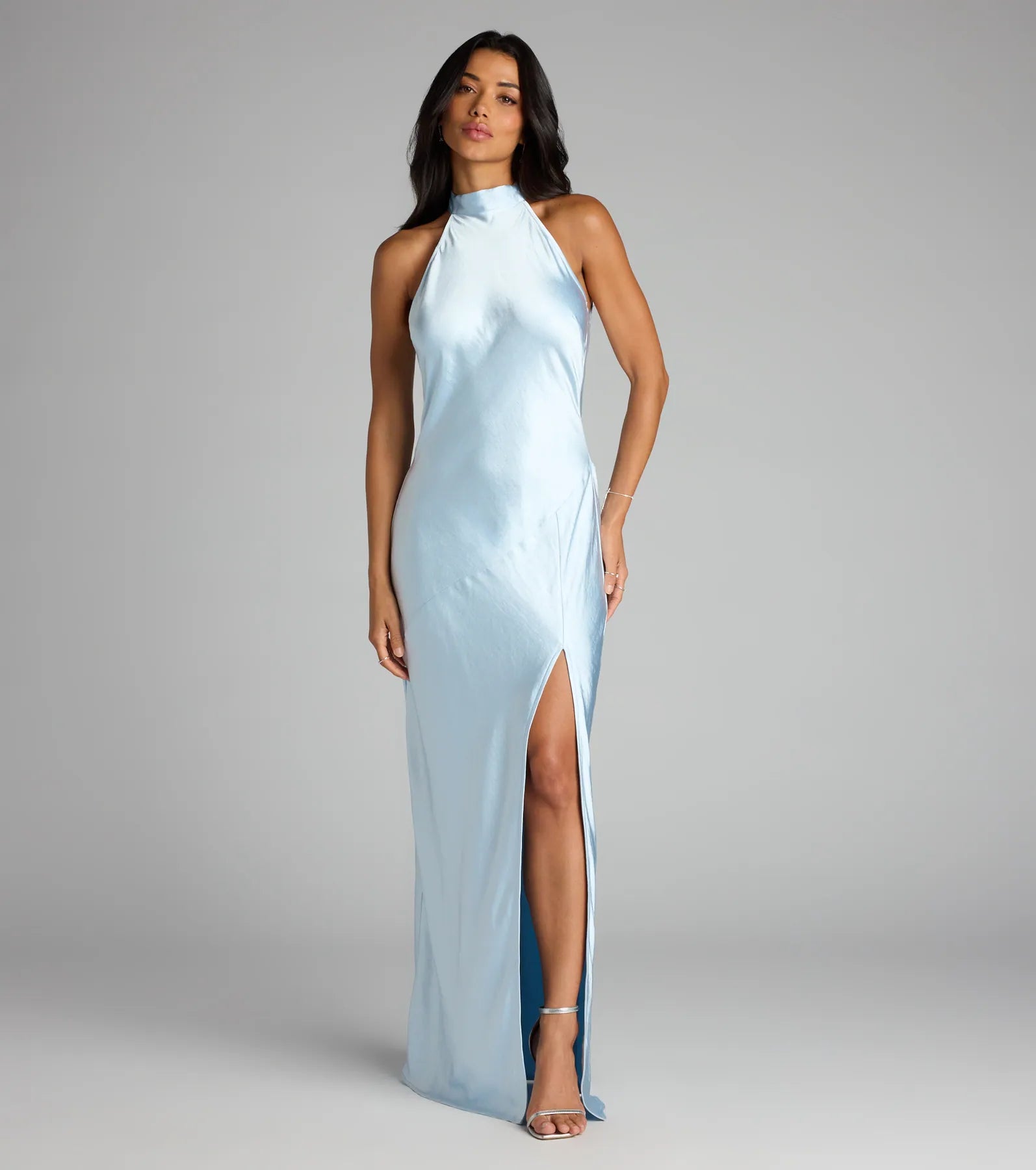 Andie Halter Open Back Slit Satin Formal Dress