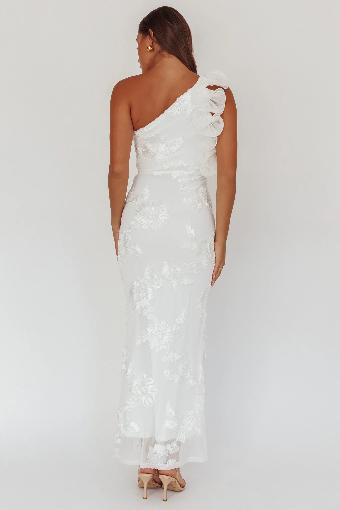 Deanna One-Shoulder Ruffle Maxi Dress Floral Texture White