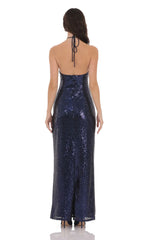 Sequin Florette Halter Maxi Dress in Navy