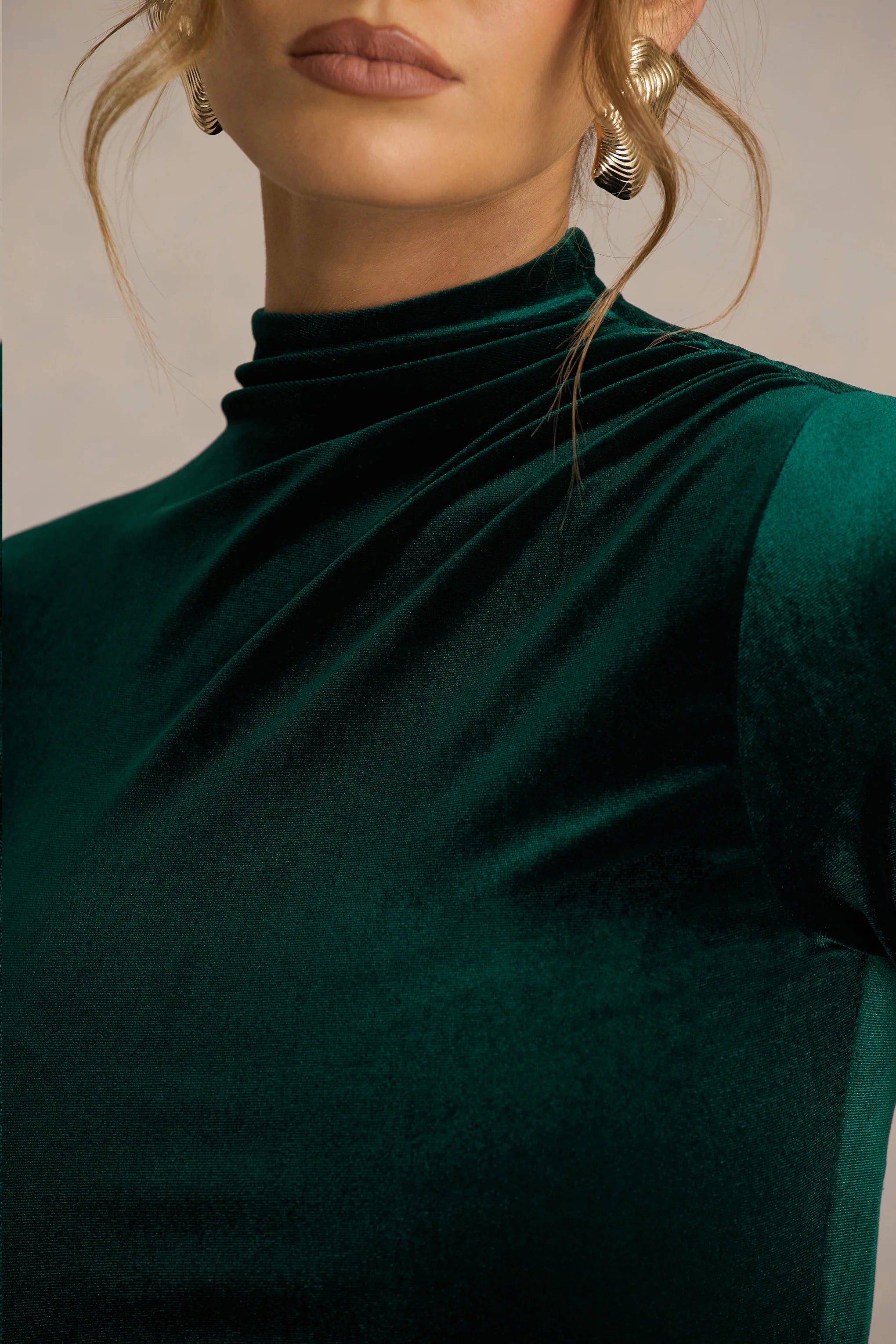 Wishes | Bottle Green Velvet High-Neck Maxi Dress With Wrap Skirt