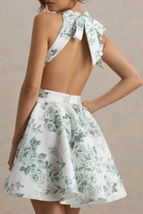 Waverly | Green Porcelain Print Racer-Neck Sleeveless Skater Mini Dress